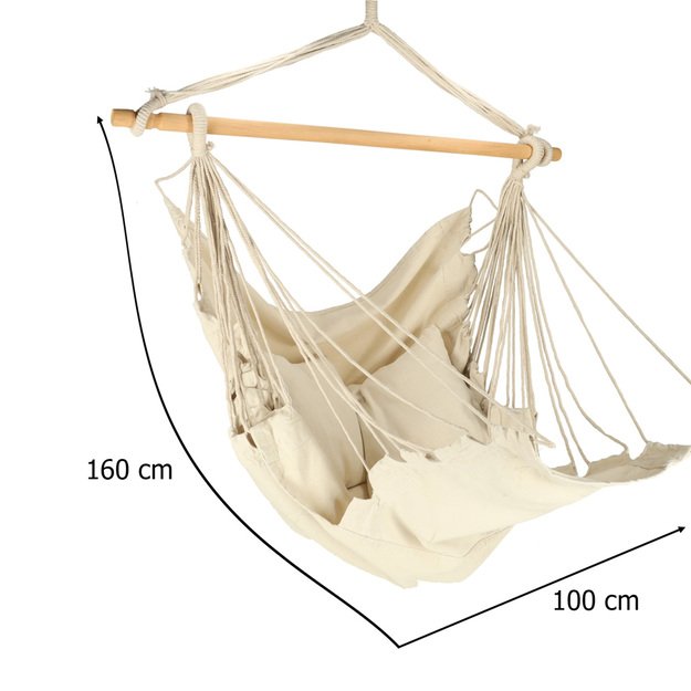 Braziliška kėdė su kojų atramomis, kabantis gulto baldas sūpynės 130 cm, smėlio spalvos 12