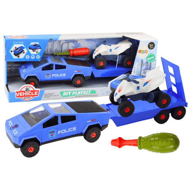 Modern Car Set with Quad Bike and Tow Truck for Dismantling DIY Blue
