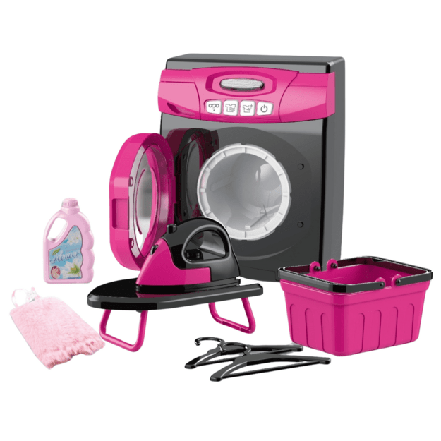 Home Appliances Set Interactive Washing Machine Lights Sounds Accessories Pink Black