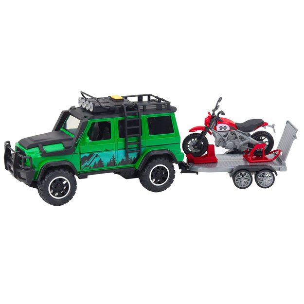 Off-road Vehicle Set with Tow Truck and Motorcycle Lights and Sounds Green 1