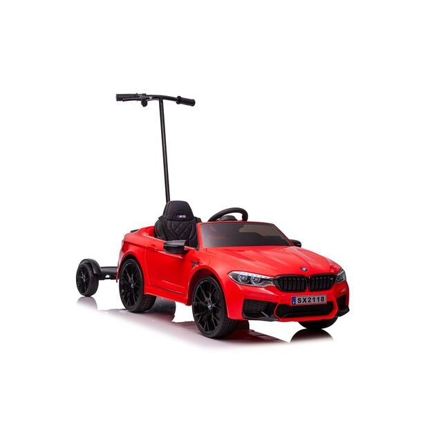 Akumuliatorinis automobilis BMW M5 su platforma tėvams, raudonas, lakuotas