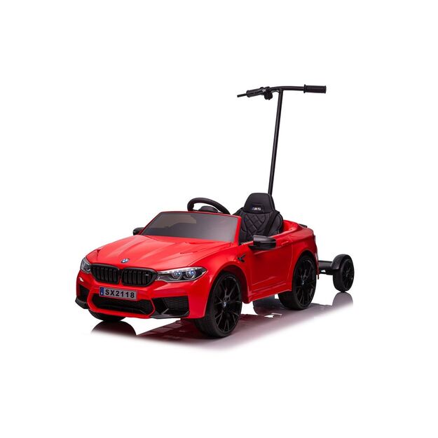 Akumuliatorinis automobilis BMW M5 su platforma tėvams, raudonas, lakuotas