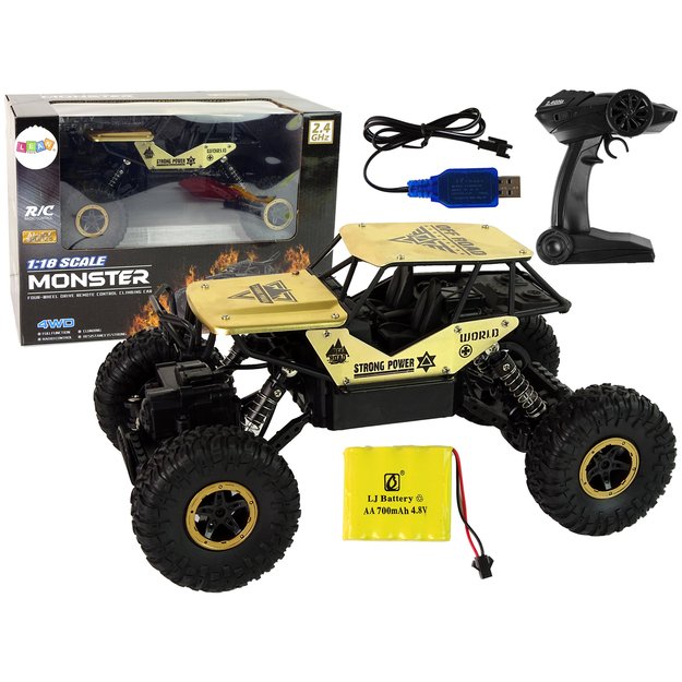 Auto RC Aukšti ratai 1:18 plastikiniai juodai auksiniai