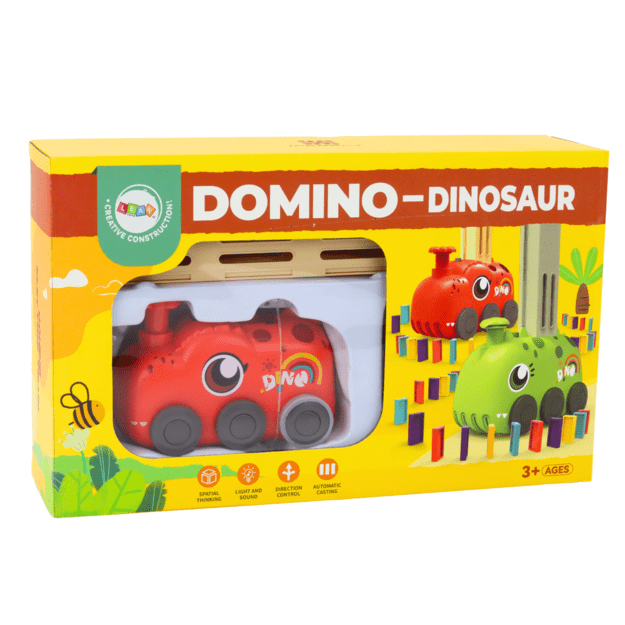 Red Dinosaur Battery Operated Car Arranging Colorful Dominoes 4 Colors of Blocks