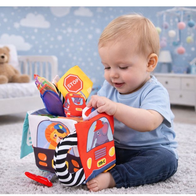 Soft Sensory Cube with Mirror Cars and Road Signs for Toddlers 3