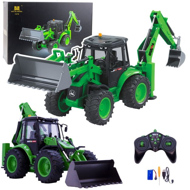 Remote Control Backhoe Loader RC Lights Sound Green Huina 1:14