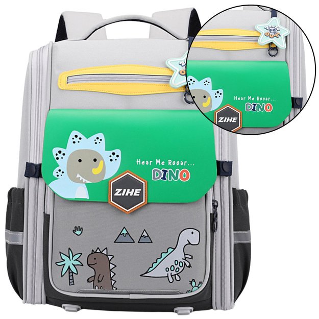 School Backpack With Dinosaurs Chest Strap Gray Green 21L 39cm 1