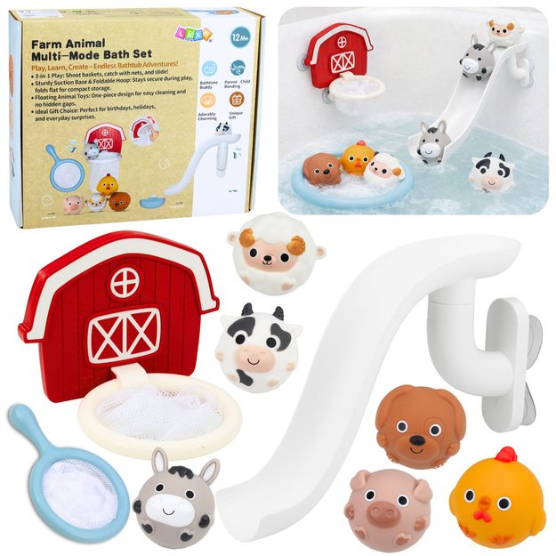 Vonios žaislai, augintiniai, ūkis, čiuožykla, krepšeliai, sietelis, 10 vnt.