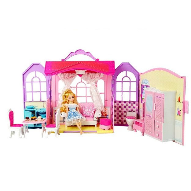 Fold-out dollhouse Blonde doll with accessories Kitchen Toilet Bedroom in a Suitcase 1