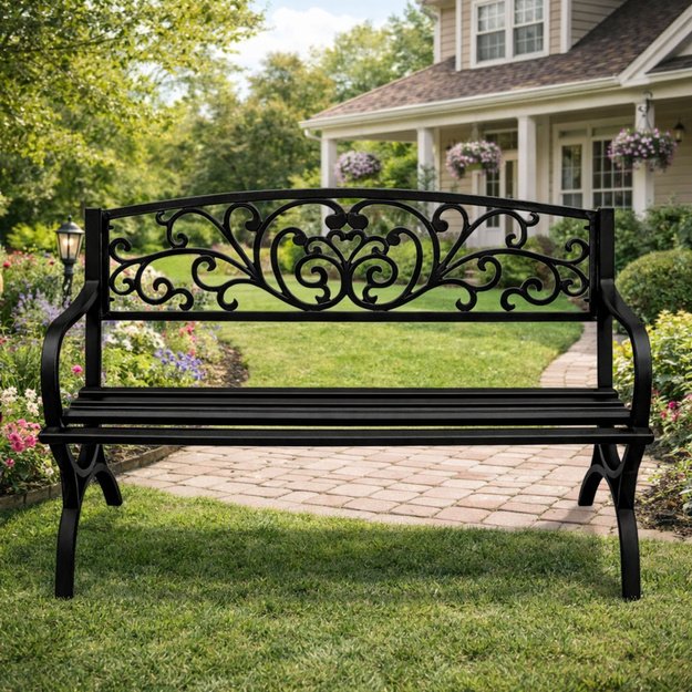Garden Bench Terrace Garden Metal 2 Seater Decorated Black 127 cm