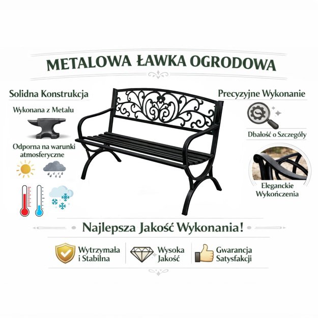 Garden Bench Terrace Garden Metal 2 Seater Decorated Black 127 cm