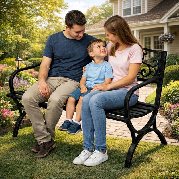 Garden Bench Terrace Garden Metal 2 Seater Decorated Black 127 cm