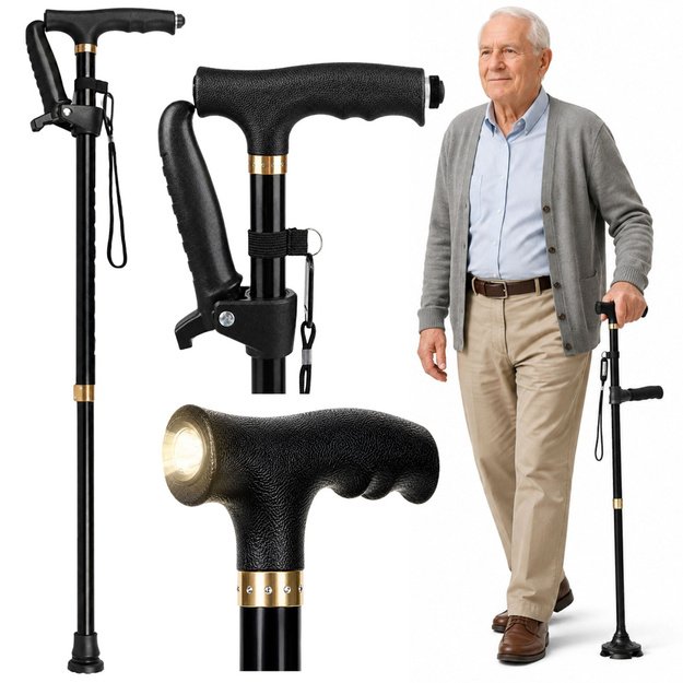 Adjustable Folding Walking Stick with LED Flashlight for Seniors, Black, 80-100 cm