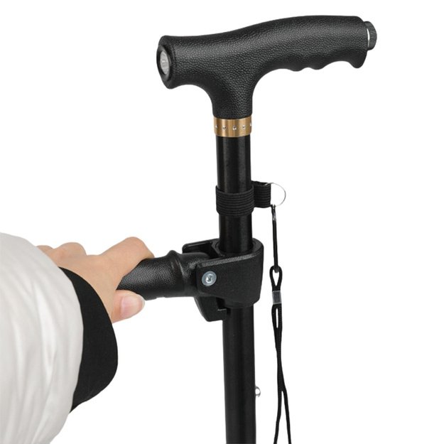 Adjustable Folding Walking Stick with LED Flashlight for Seniors, Black, 80-100 cm