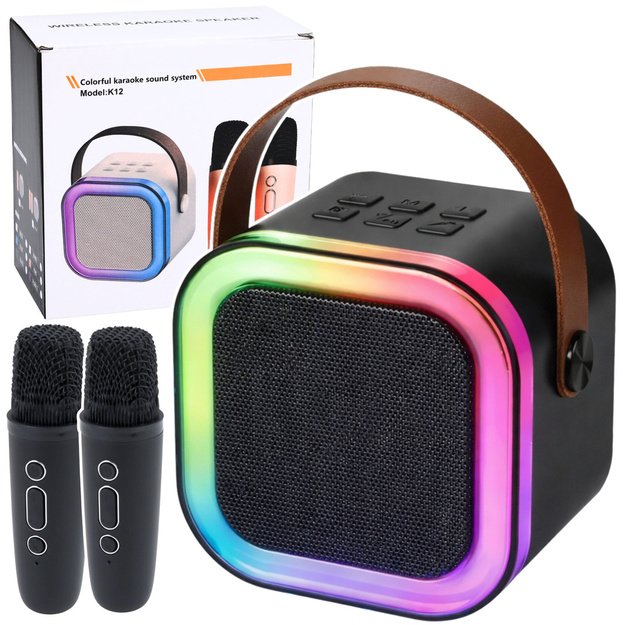 Karaoke Set Speaker Two Microphones LED Lights Black