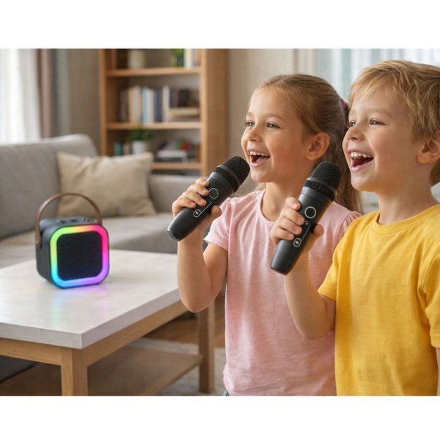 Karaoke Set Speaker Two Microphones LED Lights Black