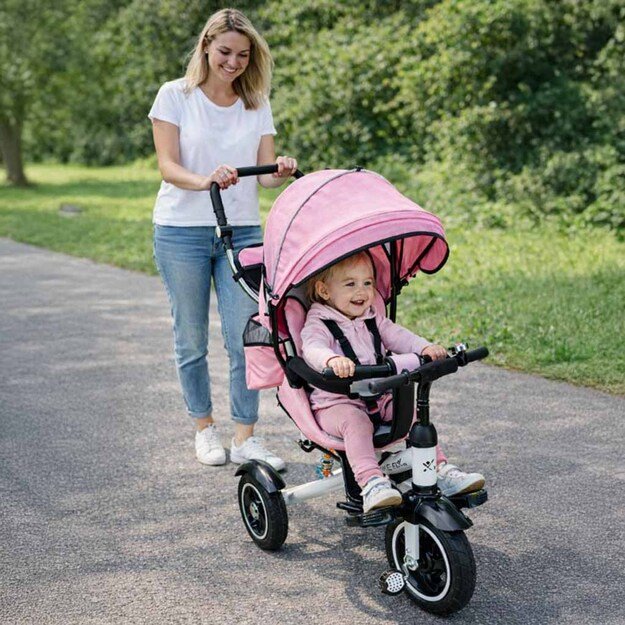 Rowerek tr&oacute;jkołowy Trike Fix V3 rower spacer&oacute;wka 3w1 obracany 360 wolne koło r&oacute;żowy