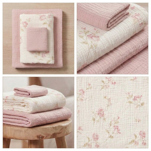 DIAPER TRIO CRUSHED MUSLIN 120x120, 70x60, 30x35 3PCS FLOWERS PINK