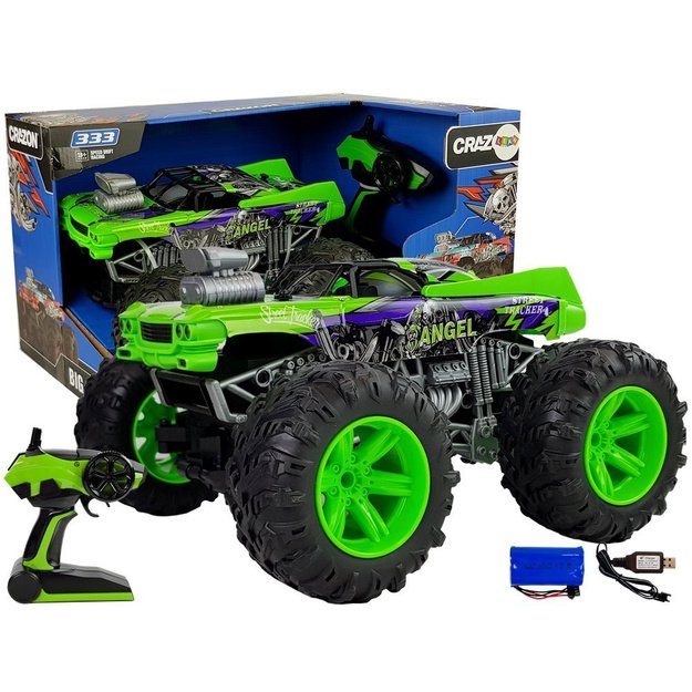 Nuotoliniu būdu valdomas automobilis 1:14 2.4G RC žalios spalvos dideliais ratais