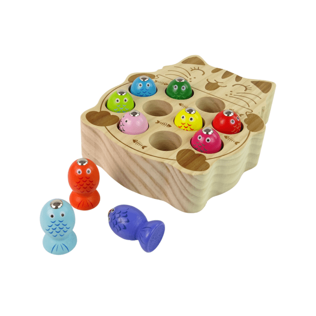 Wooden Fish Catching Game 2 Fishing Rods Kitten