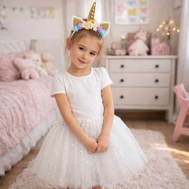 Vienaragio karnavalinis kostiumas galvos apdangalas + sijonas baltas 3-6 metų amžiaus 8