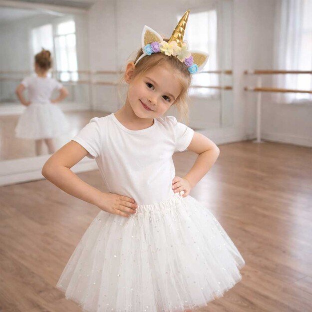 Vienaragio karnavalinis kostiumas galvos apdangalas + sijonas baltas 3-6 metų amžiaus 9