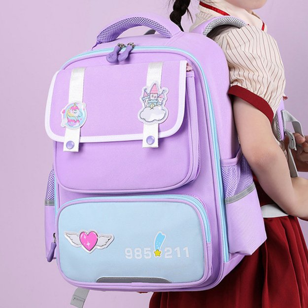 School Backpack With Patches Chest Strap Purple 16L 2