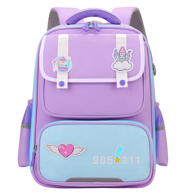 School Backpack With Patches Chest Strap Purple 16L