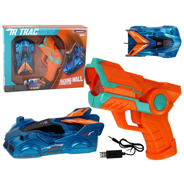 Automobilių vairavimas ant sienų su mėlynu lazeriu