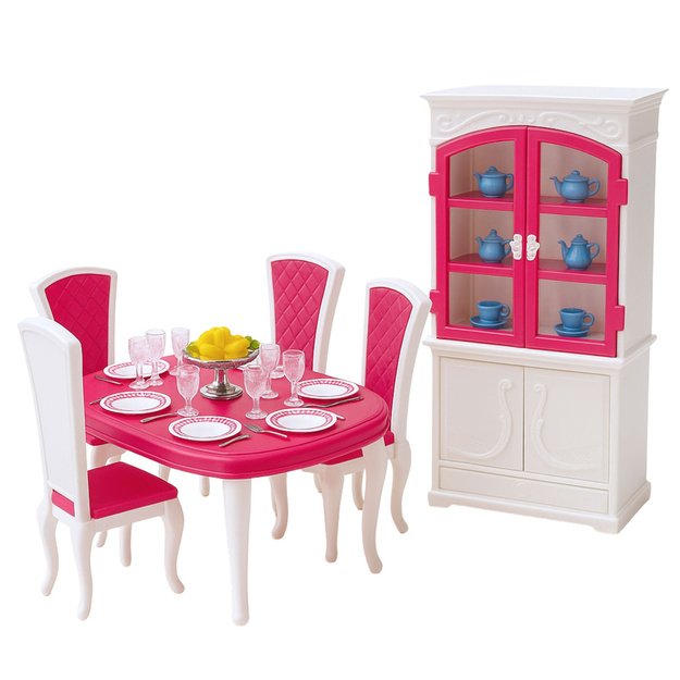 Puppen-Essgruppe: Tisch, Stühle, Anrichte, Geschirr 1
