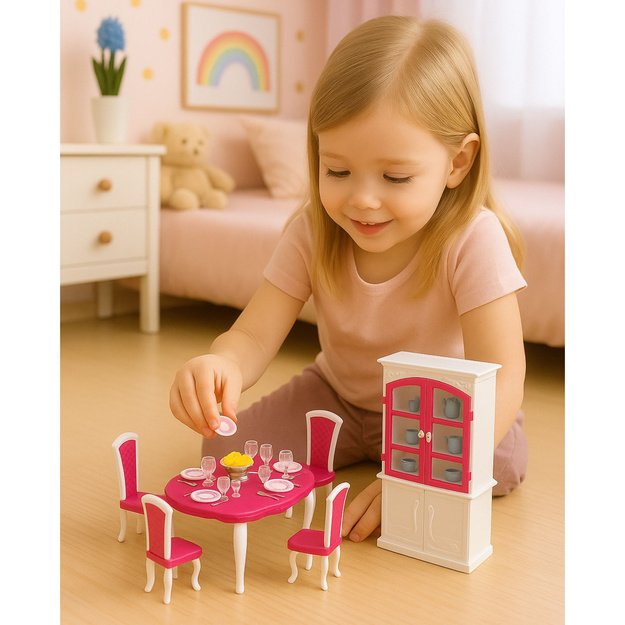Puppen-Essgruppe: Tisch, Stühle, Anrichte, Geschirr 3