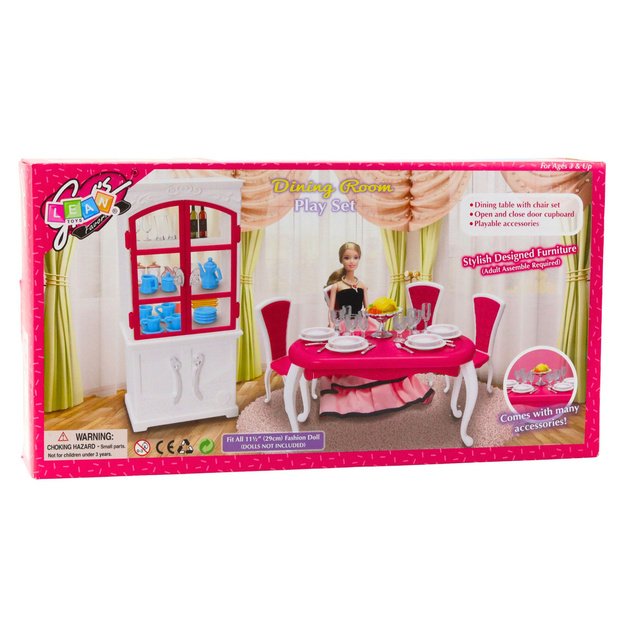 Puppen-Essgruppe: Tisch, Stühle, Anrichte, Geschirr 4