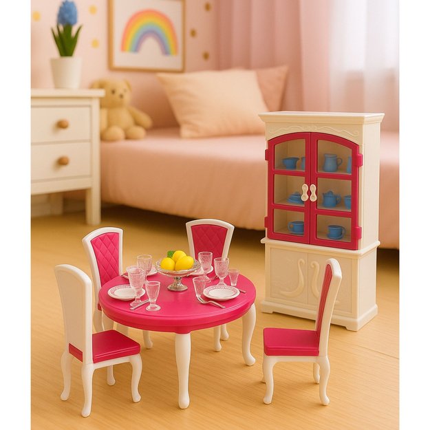 Puppen-Essgruppe: Tisch, Stühle, Anrichte, Geschirr 2
