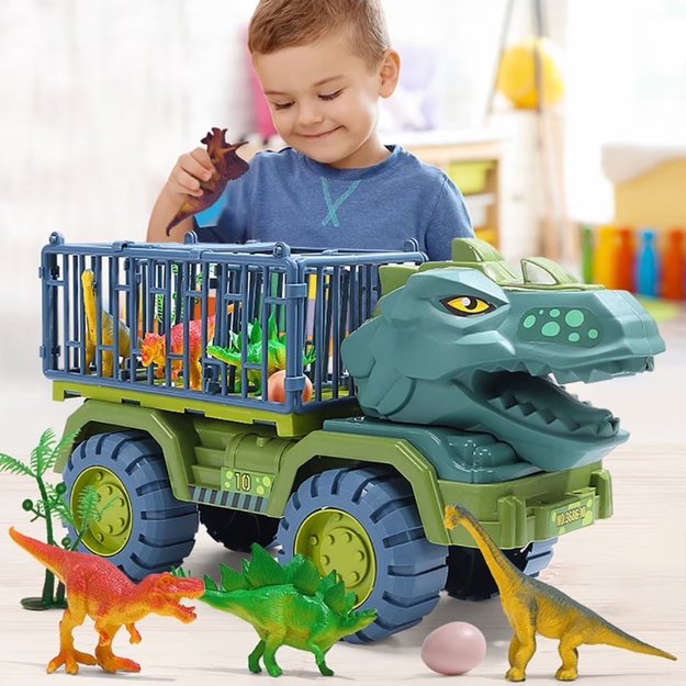 Car Transporter Truck Dinosaurs Figures Green 15 pcs. 4