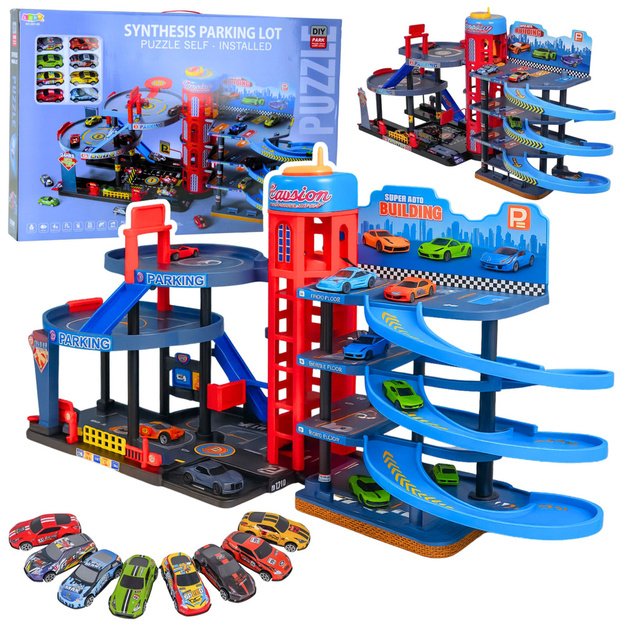 Parking Lot with Cars, 4 Level Track, 8 Metal Vehicles, Stickers