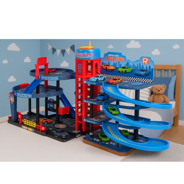 Parking Lot with Cars, 4 Level Track, 8 Metal Vehicles, Stickers 2