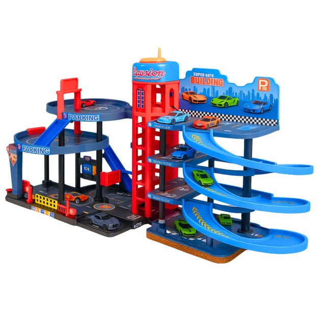 Parking Lot with Cars, 4 Level Track, 8 Metal Vehicles, Stickers 1