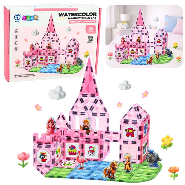 Magnetinės kaladėlės „Akvarelės princesės pilis“ – 80 dalių rinkinys