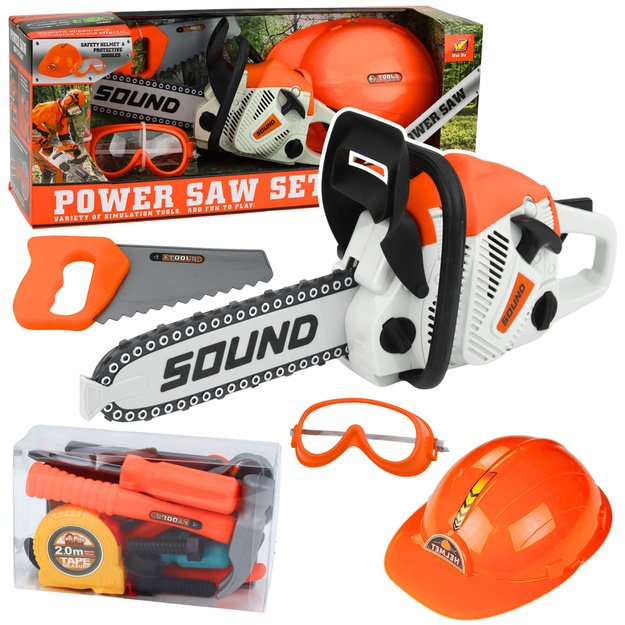 Didelis vaikiškas pjūklo rinkinys su šalmu, akiniais ir pirštinėmis