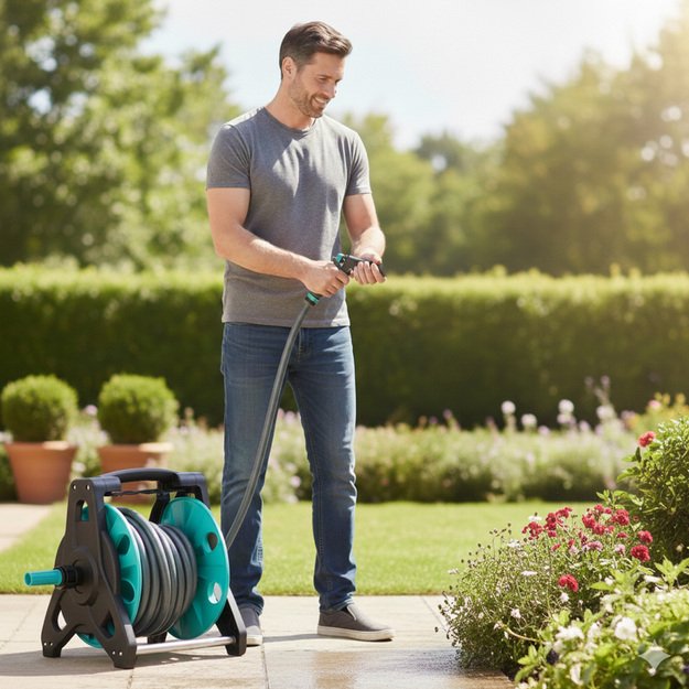 Sodo žarna ant ritės stovo LUARO purk&scaron;tuvo pistoleto įtraukiklis 30 m 9