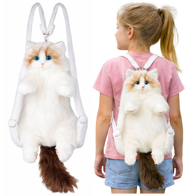 Plush Cat Backpack Mascot Adjustable Straps Silicone Paws White 50cm