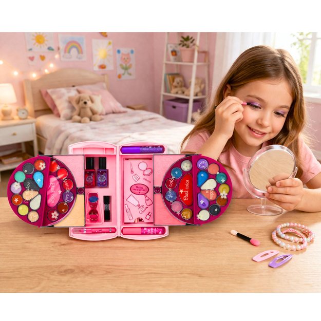 Makiažo ir nagų grožio rinkinys, kosmetika, akių šešėliai, nagų lakai, dėklas