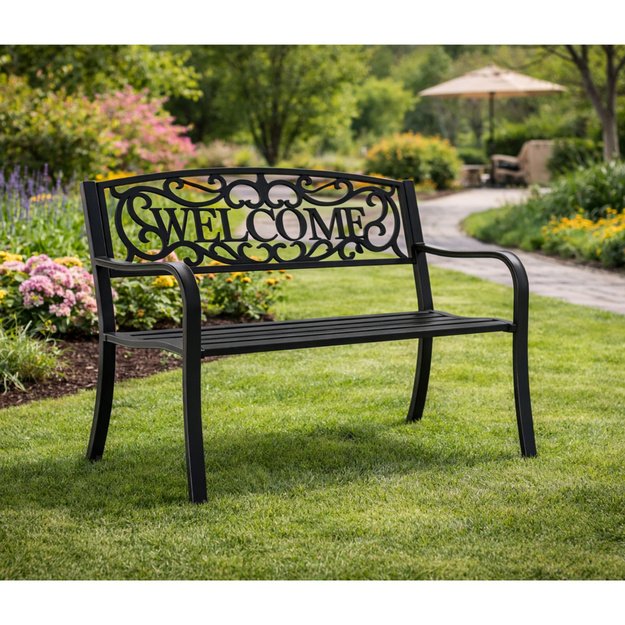 WELCOME Garden Bench Terrace Garden Metal 3 Seater Black 127 cm