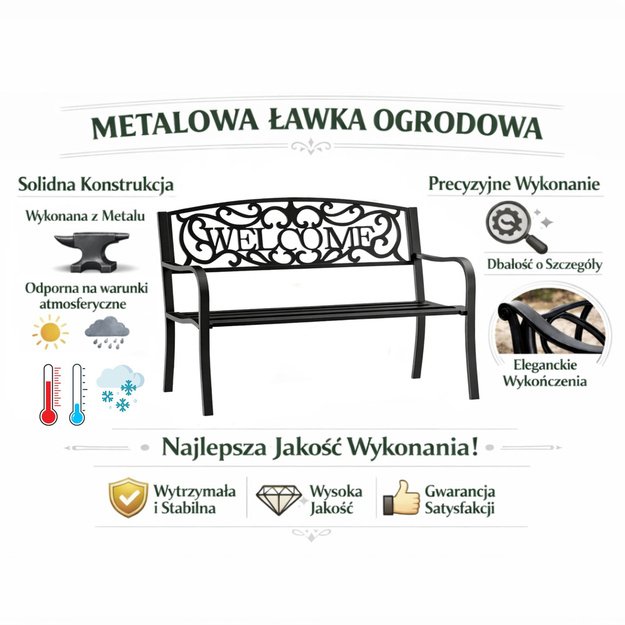WELCOME Garden Bench Terrace Garden Metal 3 Seater Black 127 cm
