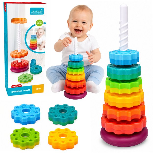 Besisukanti piramidės formos bokšto rūšiavimo dėlionė vaivorykštės spalvos 36 cm 6 el.