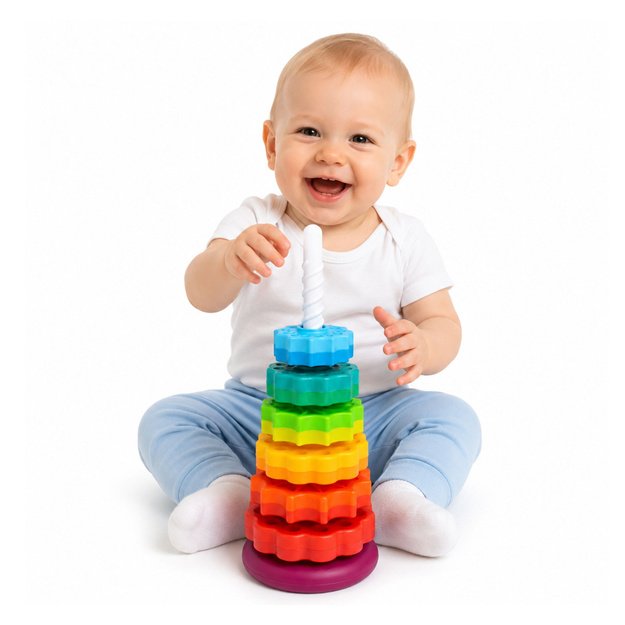 Besisukanti piramidės formos bokšto rūšiavimo dėlionė vaivorykštės spalvos 36 cm 6 el.