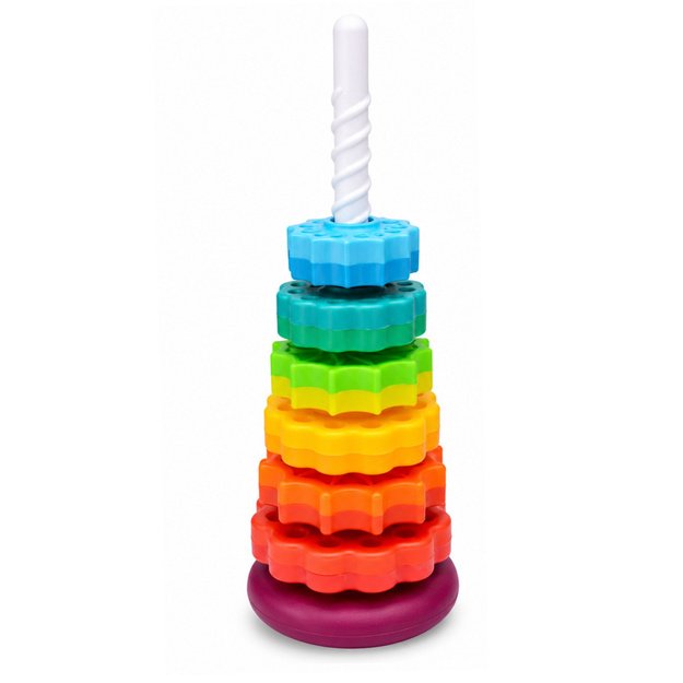 Besisukanti piramidės formos bokšto rūšiavimo dėlionė vaivorykštės spalvos 36 cm 6 el.