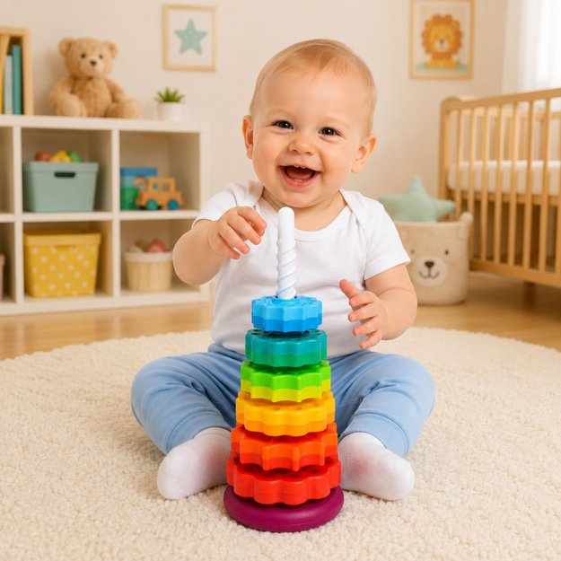 Besisukanti piramidės formos bokšto rūšiavimo dėlionė vaivorykštės spalvos 36 cm 6 el.