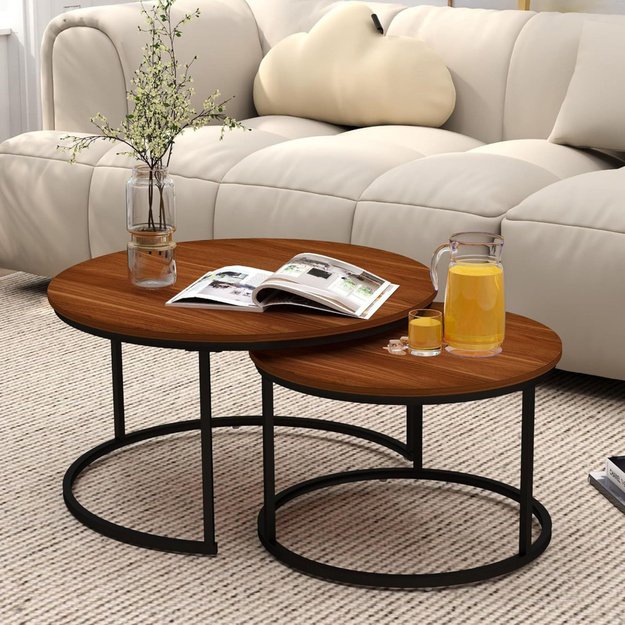 Set of 2-in-1 Round Coffee Tables Vintage Natural Wood 60x45cm 40x40cm 3