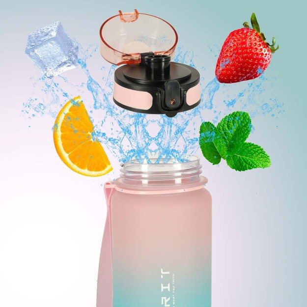 Vandens butelis bidonas su šiaudeliu ir rankena sportinis 600 ml rožinės-mėlynos spalvos 9